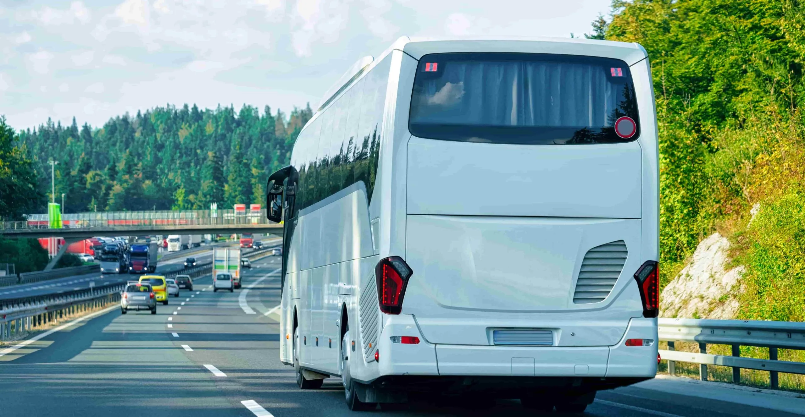 belyi turisticeskii avtobus na doroge v pol se koncepcia putesestvia 2 scaled - Автобус для тура